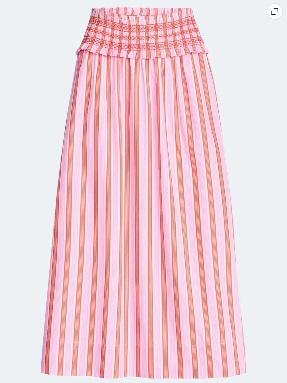 Free assembly, striped cotton, midi skirt with smocked waist